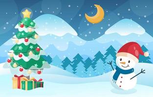 Cute Snowman with the Snowy Christmas landscape Background vector