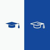 línea de sombrero de graduación de educación académica y glifo icono sólido línea de banner azul y glifo icono sólido bl vector