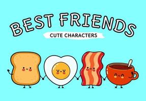 Cute happy cup of coffee toast bacon and fried eggs. Vector hand drawn cartoon kawaii characters, illustration icon. Funny cartoon cup of coffee toast bacon and fried eggs mascot character concept