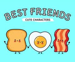 Cute, funny happy toast bacon and fried eggs. Vector hand drawn cartoon kawaii characters, illustration icon. Funny cartoon toast bacon and fried eggs mascot character concept