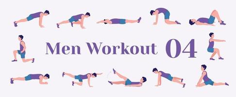 Men Workout Set. Men exercise vector set. Men doing fitness and yoga exercises. Lunges, Pushups, Squats, Dumbbell rows, Burpees, Side planks, Glute bridge, Leg Raise, Russian Twist .etc