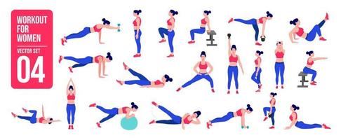 Workout girl set. Woman doing fitness and yoga exercises. Lunges and squats, plank and abc. Full body workout. vector