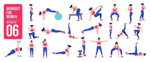 conjunto de chica de entrenamiento. mujer haciendo ejercicios de fitness y yoga. estocadas y sentadillas, tablones y abc. entrenamiento de cuerpo completo. vector