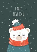 A New Year's gift card with a white teddy bear wearing a winter hat and a snowy sweatshirt. Vector template