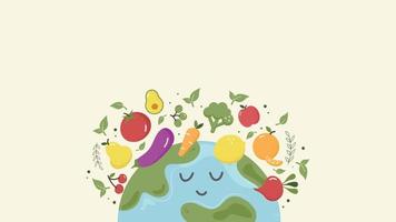 Banner for Veganism Day. Horizontal background with planet Earth and vegetables, fruits around it. The concept of proper healthy eating. Vector