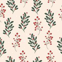 Seamless winter pattern with holly leaves and red berries for greeting cards, wrapping paper. Vector