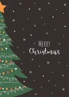 New Year card with a decorated Christmas tree and the inscription Merry Christmas. Vector Template