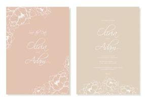 Wedding invitation template with outline flowers peonies in delicate beige and pink colours. Rsvp card design template. Vector. vector