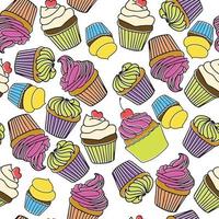 WebSeamless pattern with different type muffin and cupcakes. Doodle vector illustration with color. Hand draw elements.