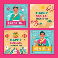 Seollal Season Greetings Social Media Templates with Happy Korean People and Ornaments vector