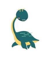 Cute cartoon water dinosaur plesiosaur.  Funny animal character for kids design. Flat vector illustration.