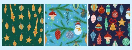 Set of seamless patterns with Christmas decorations. Vector graphics.