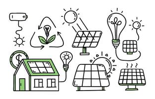 Set Solar panels. Green energy. Co2 concept of climate change .  Vector isolated doodle