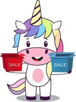 Unicornio con caja de venta, ilustración, vector sobre fondo blanco.