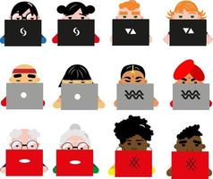 People using laptop, illustration, vector on a white background.