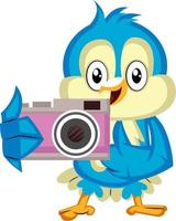 Blue bird holds a camera, illustration, vector on white background.