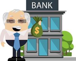 Old man with money at the bank, illustration, vector on white background.