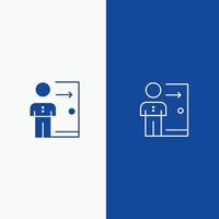 despido empleado salida trabajo despido persona línea personal y glifo icono sólido línea de banner azul y gl vector