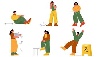 Clumsy people accidents, characters fall down vector