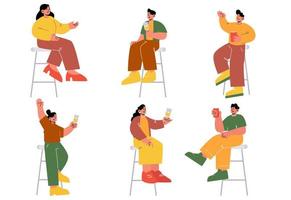 People with drinks sitting on stools in bar vector