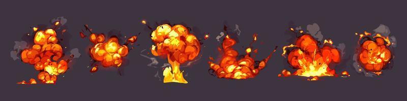 Cartoon dynamite or bomb explosion, fire boom set vector