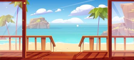 Bungalow wooden porch and view sand sea beach vector