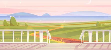 Wooden terrace and view to green fields and lake vector