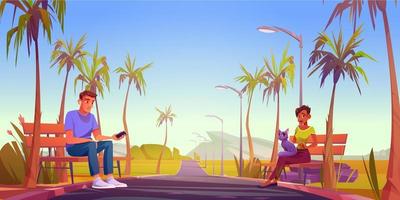 People relax sitting at roadside benches landscape vector