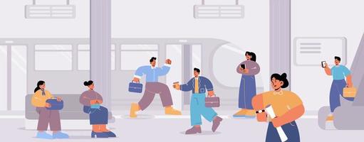 People at subway platform with train metro station vector