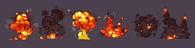 Bomb explosions, blasts with fire and smoke clouds vector