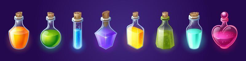 Potion bottles with magic elixir, cartoon flasks vector