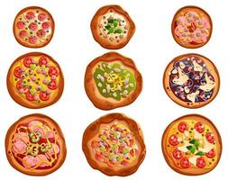 Set of pizza with different toppings on round base vector