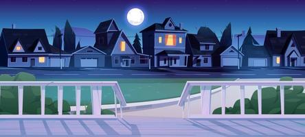 Wooden porch of house in suburb district at night vector