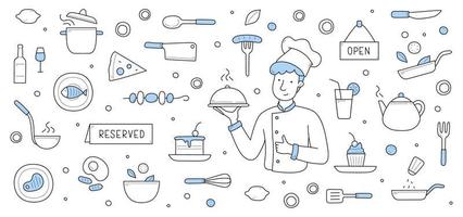 Doodle background with chef and restaurant icons vector