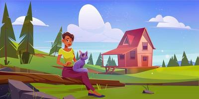 mujer con gato relajarse en la naturaleza con casa de madera vector