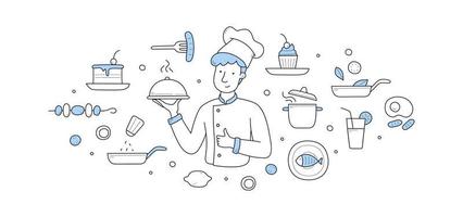 Chef with dish under cloche lid, doodle concept vector