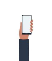 The hand is holding a mobile phone. Vector illustration in a flat style. Copy space