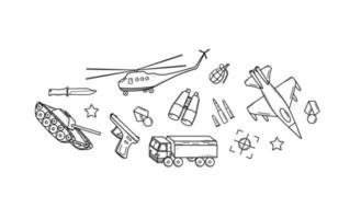 Military doodle icons. Vector illustration of a set of military equipment, army items