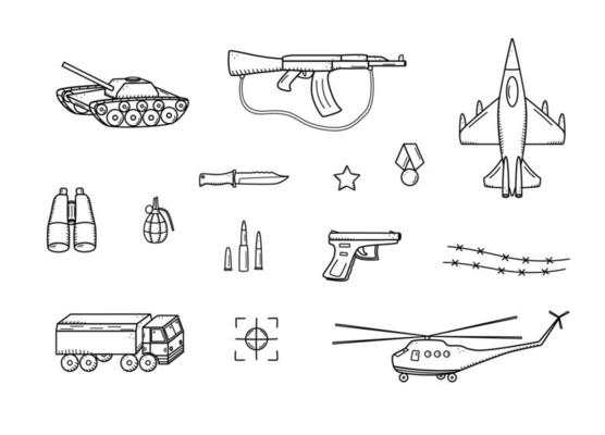 Military doodle icons. Vector illustration of a set of military equipment, army items