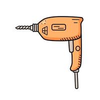 Electric drill and bit, doodle vector construction tool, illustration puncher isolate on white.