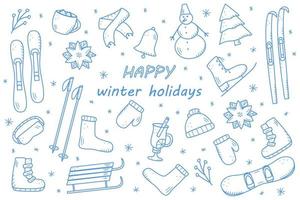 New Year and Christmas elements in the doodle style. Vector illustration of winter clothing, sports equipment, spruce, food and drinks. Winter vacation icons