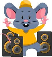 Ratón con altavoces, ilustración, vector sobre fondo blanco.