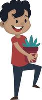 Boy is holding flowerpot, illustration, vector on white background.