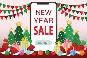 venta de navidad, venta de año nuevo, santa claus en el teléfono móvil con regalo de gran venta de texto, nieve, estrella, árbol de navidad, diseño para banner web, afiche, tarjeta de invitación de navidad y festival de año nuevo. vector