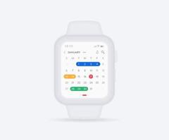 Smartwatch calendar planner app concept, Activity calendar clock UI UX, Wristwatch calendar schedule agenda annual planning meeting application, Calendar events, Appointment, Event fitness, Vector