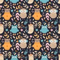 Seamless pattern with cute owls and twigs. Wallpaper for  children room. Printing on fabric and wrapping paper. Floral ornament. vector