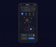 Smartphone map GPS navigation app dark mode ux ui concept, Mobile map application, App search map navigation, Technology map, City street navigation maps, gps tracking, App dark mode, Vector