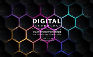 Digital technology polygon pattern black background, geometric cyber technology light, abstract tech, innovation future data, internet network, Ai big data, lines dots connection, illustration vector