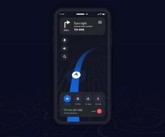 Smartphone map GPS navigation app dark mode ux ui concept, Mobile map application, App search map navigation, Technology map, City street navigation maps, gps tracking, App dark mode, Vector