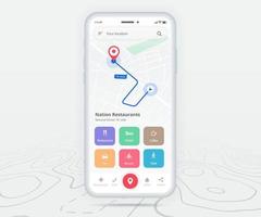 mapa gps navegación ux ui concepto, aplicación de mapa de teléfono inteligente y punto de destino en pantalla, mapa de búsqueda de aplicaciones navegar, mapa de tecnología, mapas de navegación de la ciudad, calle de la ciudad, seguimiento, ubicación, vector